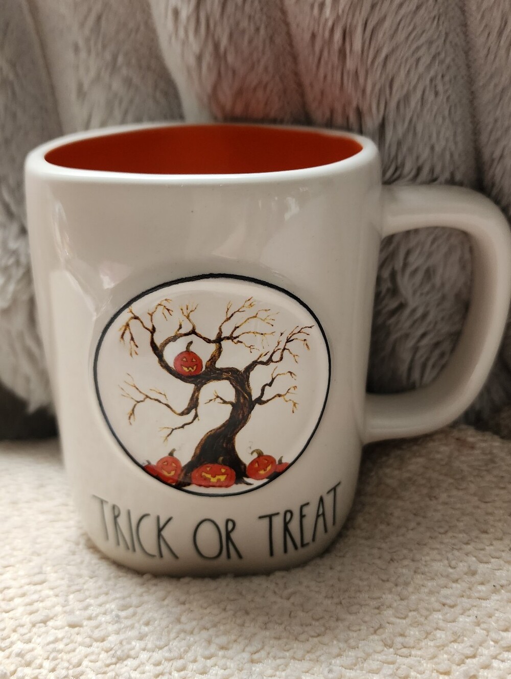 Rae Dunn Halloween Trick or Treat Ceramic Mug - White with Orange Interior
